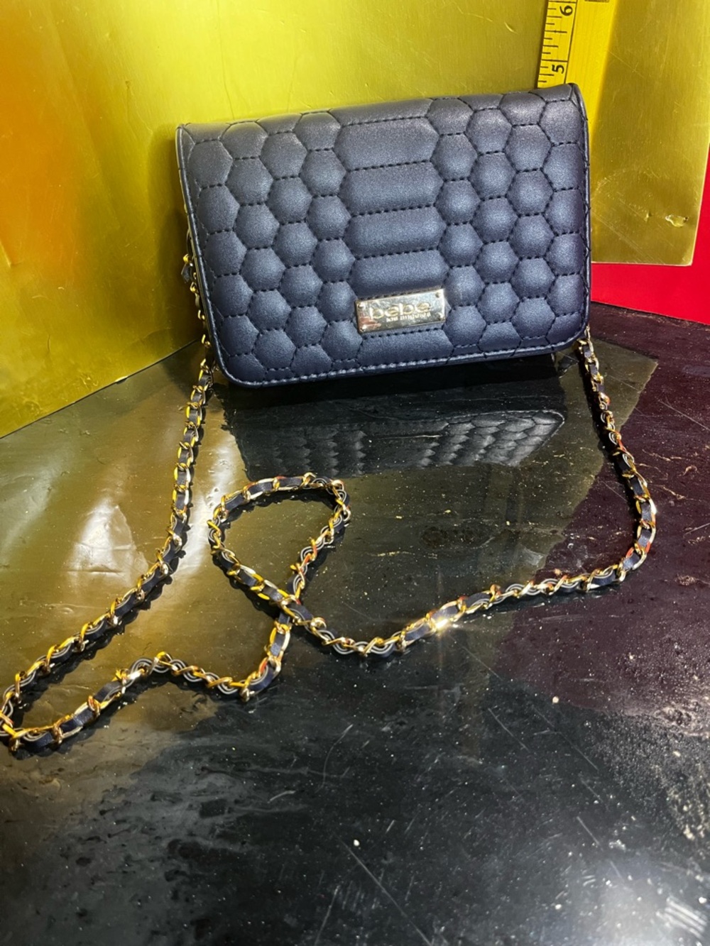 bebe Quilted Navy Crossbody with Gold Chain Strap